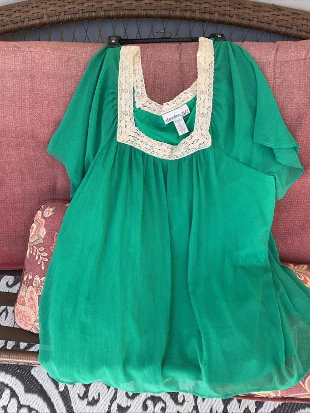 Denim 24/7 Peasant Dressy Blouse Women 3X Lace Neck Boho Green EUC Cotton Lined